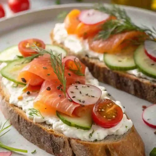 Smoked salmon toast topped with whipped cream cheese, cucumber, radish, cherry tomatoes, and dill on rustic bread.