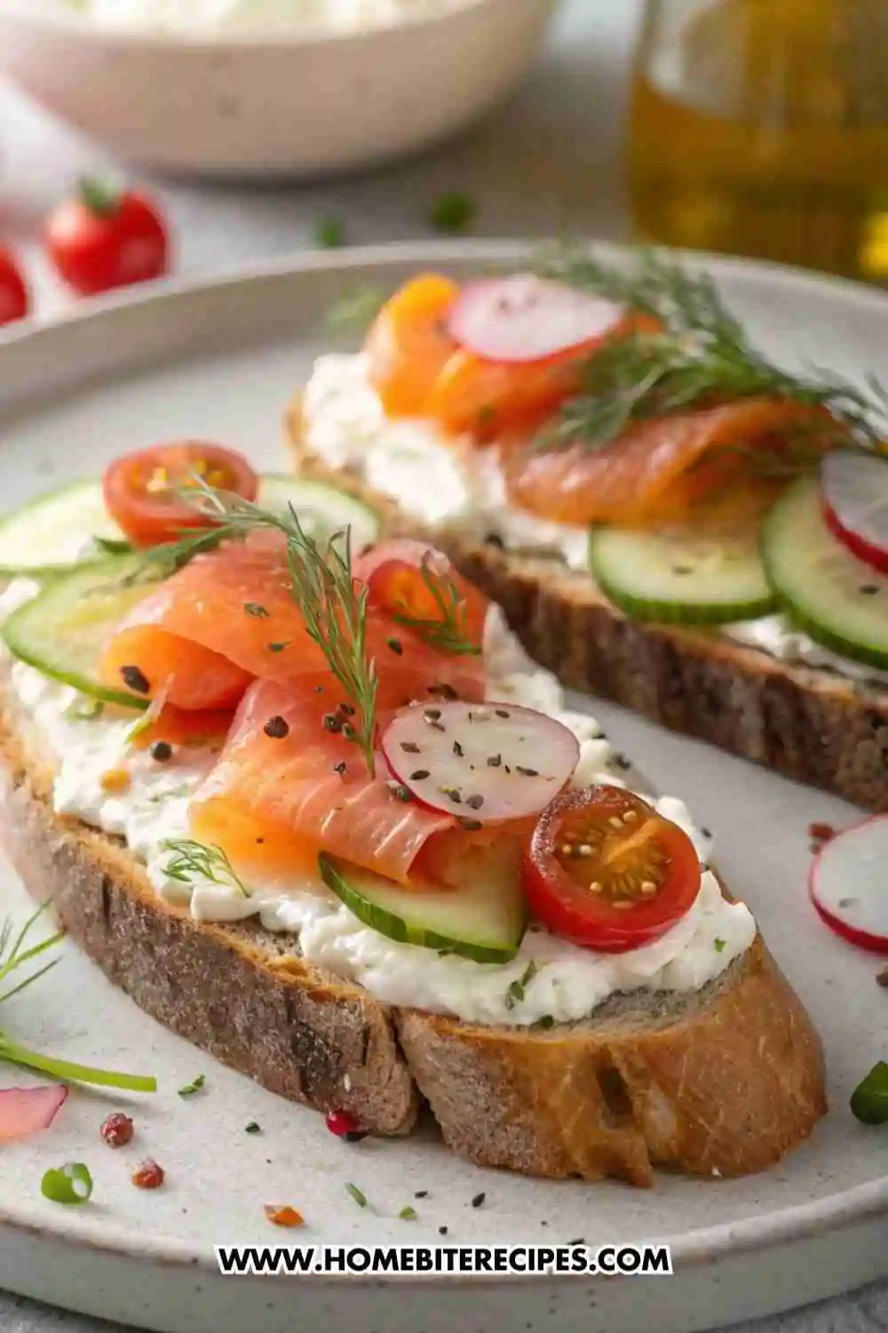 Smoked salmon toast topped with whipped cream cheese, cucumber, radish, cherry tomatoes, and dill on rustic bread.