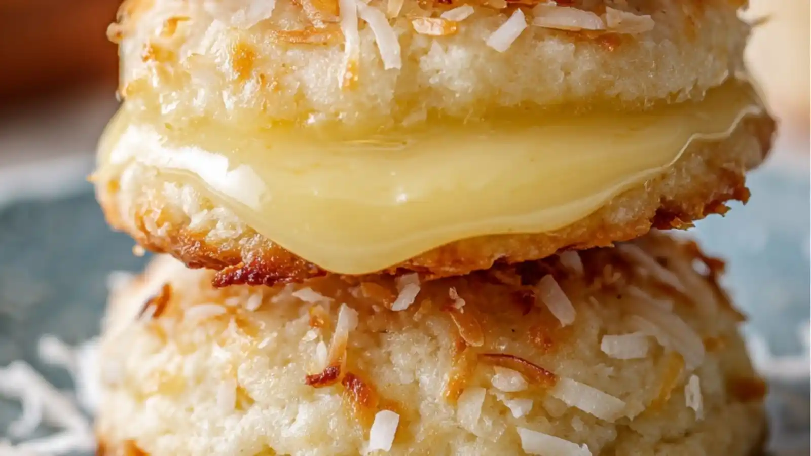 Close-up image of soft coconut macaroons stacked, filled with creamy lemon custard and topped with toasted coconut flakes.
