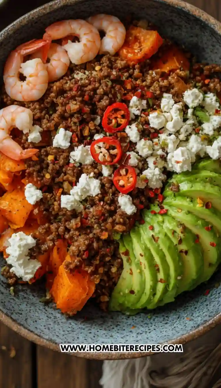 Close-up of a colorful power bowl filled with spicy ground beef, cooked shrimp, roasted sweet potatoes, sliced avocado, feta cheese, and red chili slices in a rustic ceramic dish.