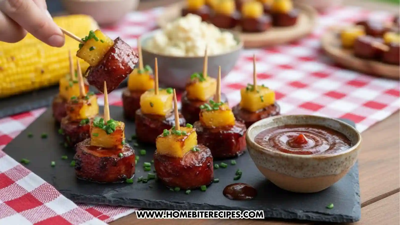 A close-up, eye-level shot of several glazed smoked sausage bites topped with a cube of pineapple and fresh chives, held together by a toothpick. The appetizers are arranged on a black slate platter alongside a small bowl of dark BBQ dipping sauce. In the background, a red and white checkered tablecloth features additional platters of the bites, a bowl of potato salad, and corn on the cob.