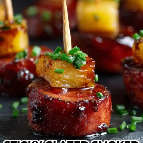 Close-up of sticky glazed smoked sausage bites topped with caramelized pineapple chunks and chopped chives, served as a party appetizer.