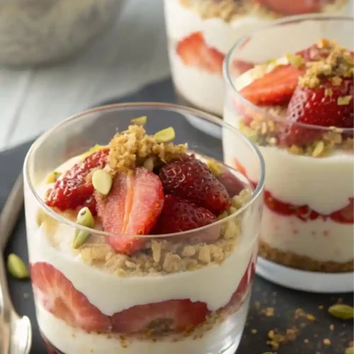 a Strawberry Yogurt Cheesecake Parfait Cups layered with crushed cookie base, creamy yogurt filling, fresh sliced strawberries, and crunchy crumble topping, served on a dark board with spoons.