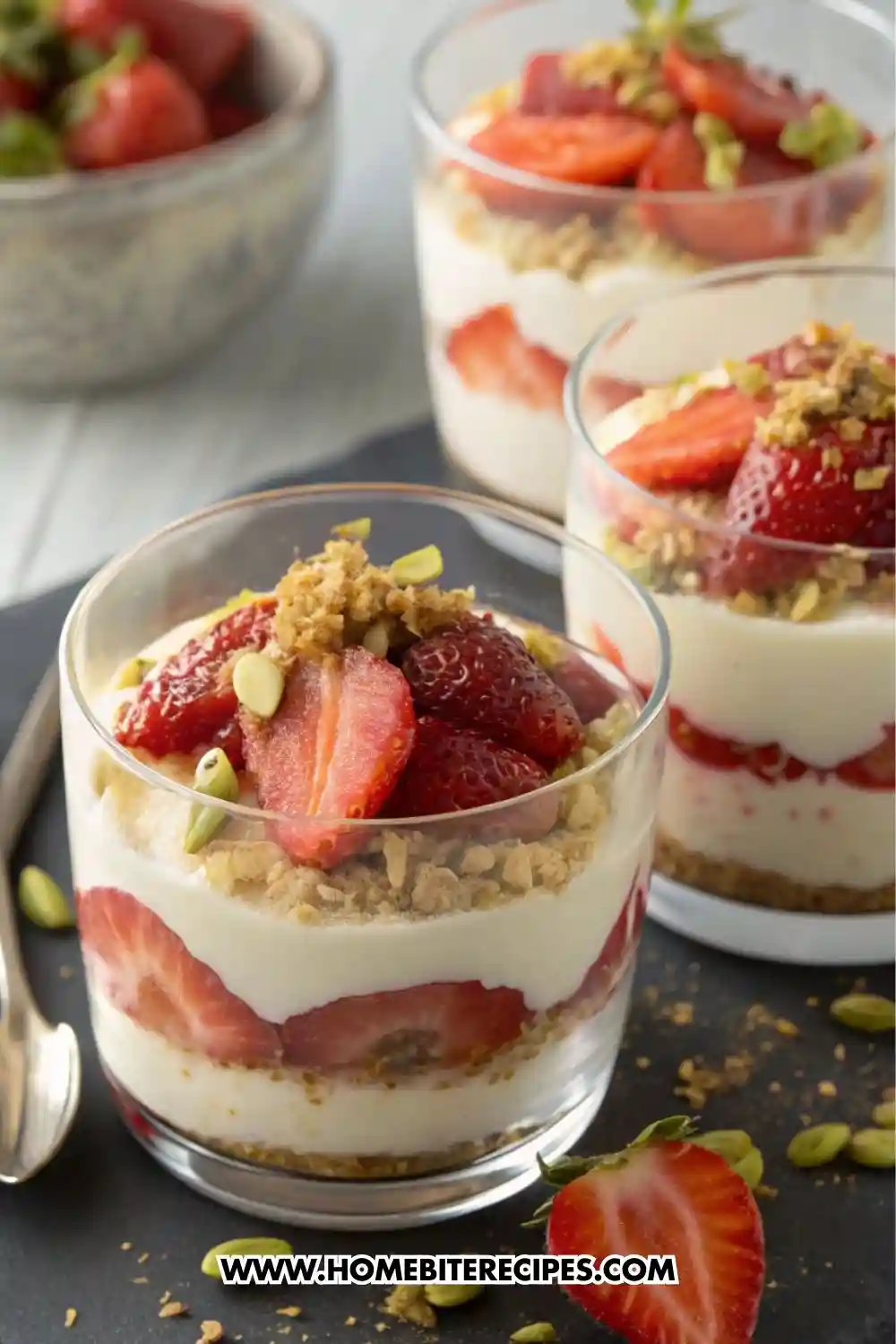 a Strawberry Yogurt Cheesecake Parfait Cups layered with crushed cookie base, creamy yogurt filling, fresh sliced strawberries, and crunchy crumble topping, served on a dark board with spoons.