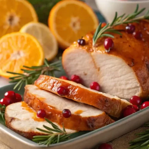 Roasted turkey breast glazed with cranberry sauce, sliced and served on a platter with fresh rosemary, cranberries, and orange slices