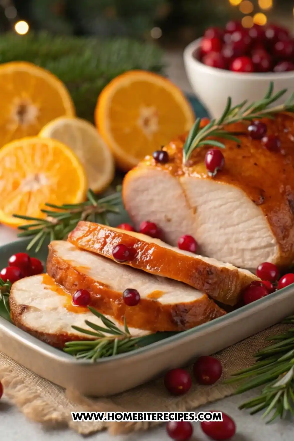 Roasted turkey breast glazed with cranberry sauce, sliced and served on a platter with fresh rosemary, cranberries, and orange slices