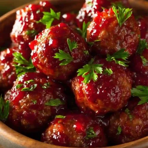 Close-up image of juicy meatballs coated in a glossy cranberry glaze, garnished with fresh parsley in a wooden bowl.