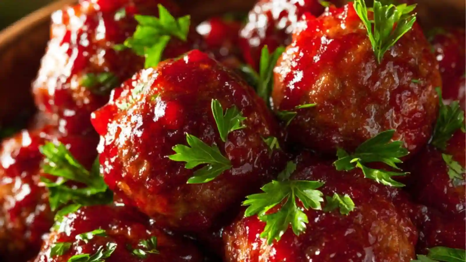 Close-up image of Sweet & Tangy Cranberry Meatballs coated in a glossy cranberry glaze, garnished with fresh parsley in a wooden bowl.
