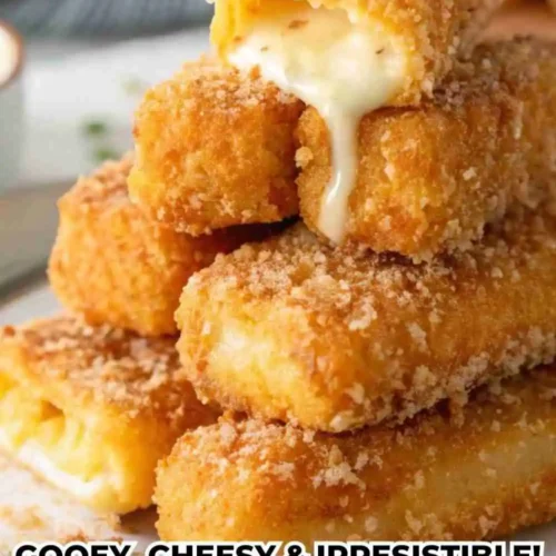 Stack of crispy golden mozzarella sticks with gooey melted cheese oozing out, served on a white plate.
