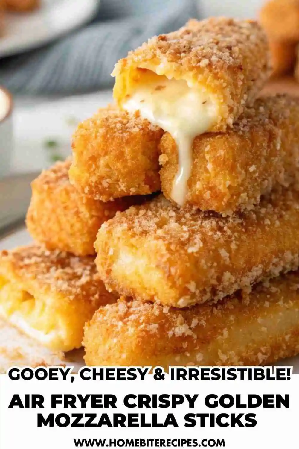 Stack of crispy golden mozzarella sticks with gooey melted cheese oozing out, served on a white plate.