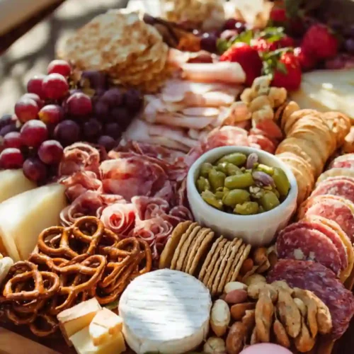 A beautifully arranged charcuterie board featuring assorted cheeses, cured meats, crackers, olives, fresh fruits, nuts, pretzels, and macarons on a wooden tray.