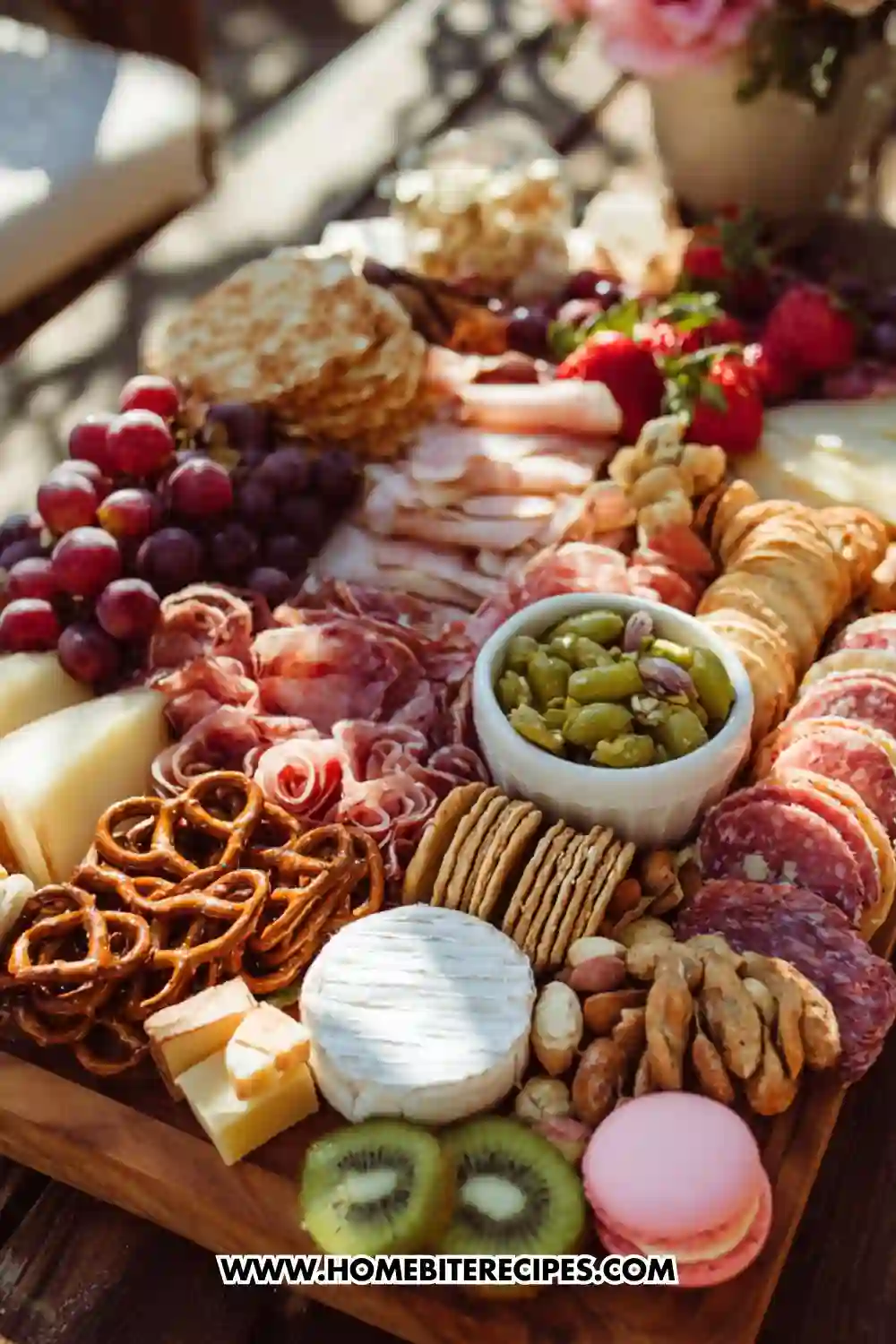 A beautifully arranged charcuterie board featuring assorted cheeses, cured meats, crackers, olives, fresh fruits, nuts, pretzels, and macarons on a wooden tray.