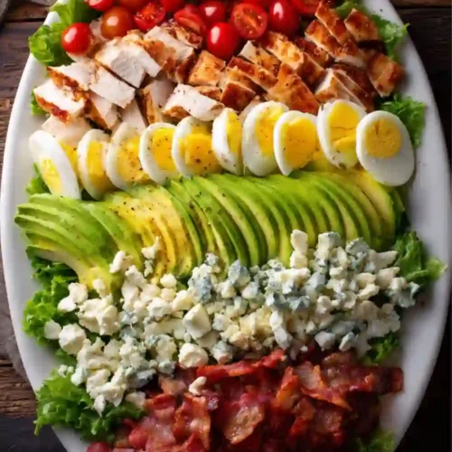 A vibrant Cobb Salad featuring grilled chicken, crispy bacon, hard-boiled eggs, avocado slices, cherry tomatoes, and blue cheese crumbles arranged in neat colorful rows on a large platter, perfect for lunch or healthy meal prep.
