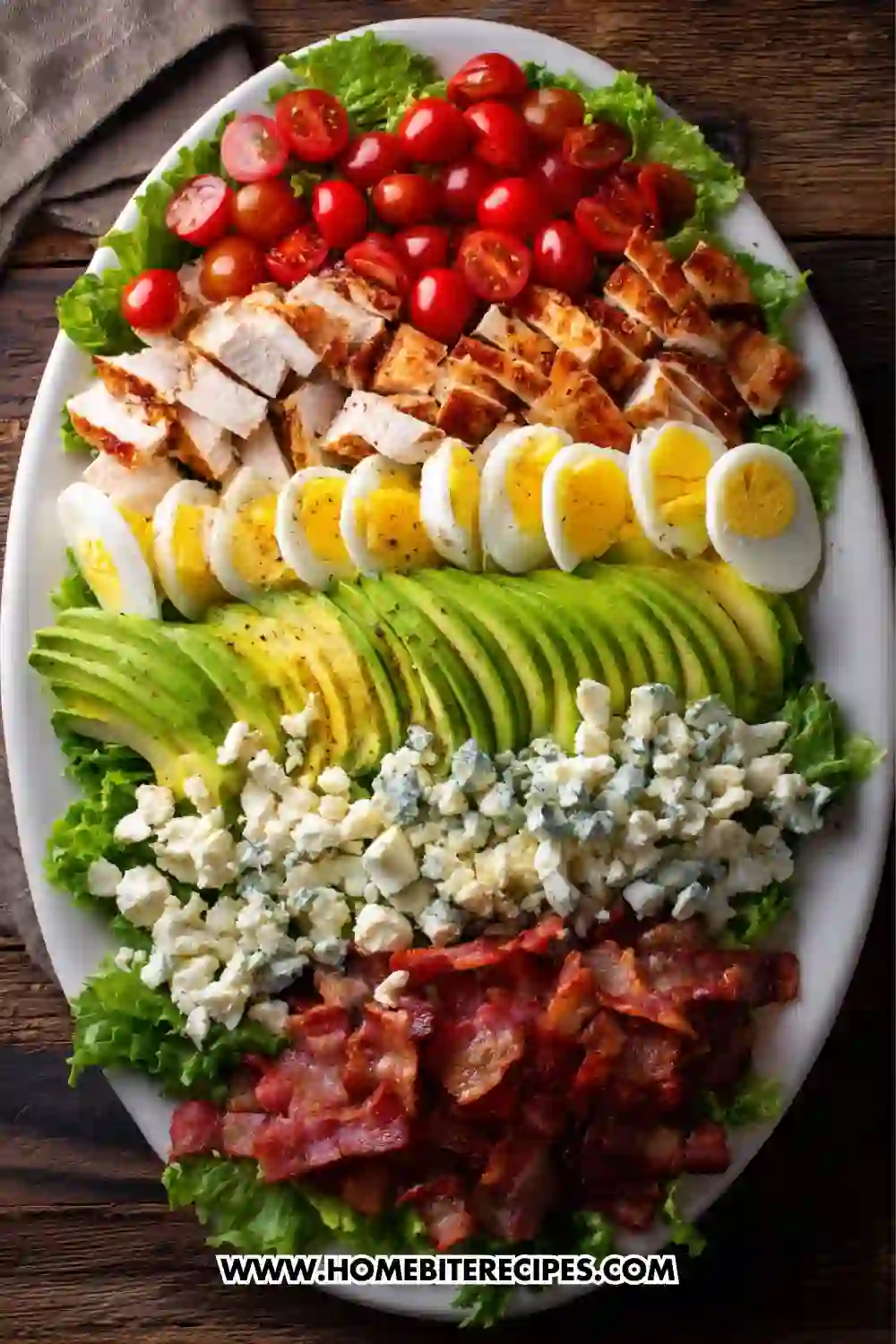 A vibrant Cobb Salad featuring grilled chicken, crispy bacon, hard-boiled eggs, avocado slices, cherry tomatoes, and blue cheese crumbles arranged in neat colorful rows on a large platter, perfect for lunch or healthy meal prep.