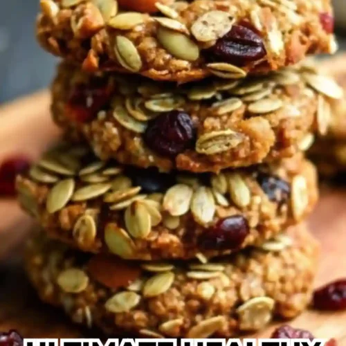 Stack of homemade healthy energy cookies made with oats, nuts, seeds, and dried cranberries, drizzled with honey, on a rustic wooden surface — bright and appetizing natural light food photo.