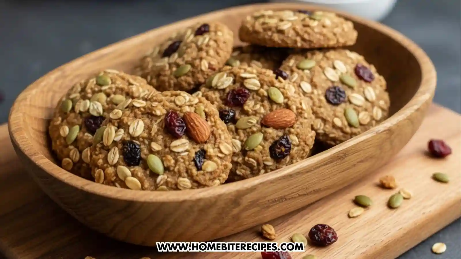 Homemade healthy energy cookies made with oats, nuts, seeds, and dried cranberries, drizzled with honey, in a rustic wooden dish