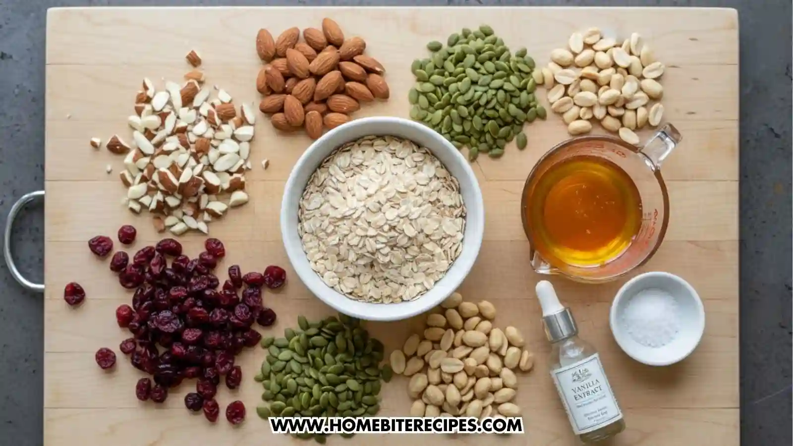 A picture showing the ingredients of Ultimate Healthy Energy Cookies with Cranberry, Nuts & Granola : rolled oats, chopped almonds, pumpkin seeds pepitas, peanuts, cashews, dried cranberries, honey, vanilla extract, salt