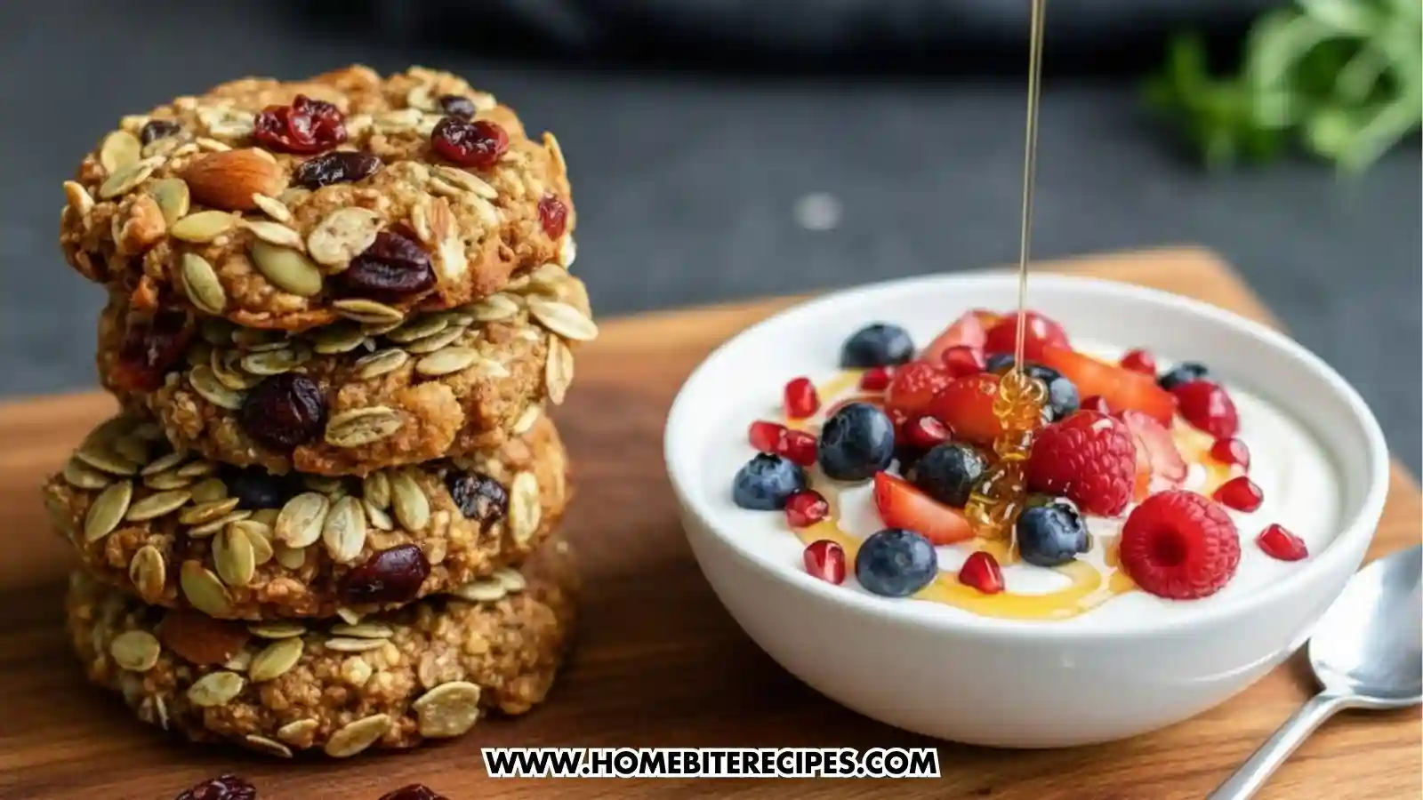 Stack of Ultimate Healthy Energy Cookies with Cranberry, Nuts & Granola served with a bowl of Greek yogurt topped with fresh berries, a drizzle of honey., on a rustic wooden surface.