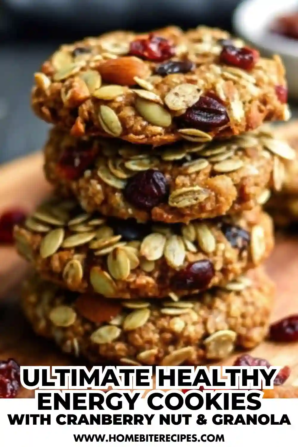 Stack of homemade healthy energy cookies made with oats, nuts, seeds, and dried cranberries, drizzled with honey, on a rustic wooden surface — bright and appetizing natural light food photo.