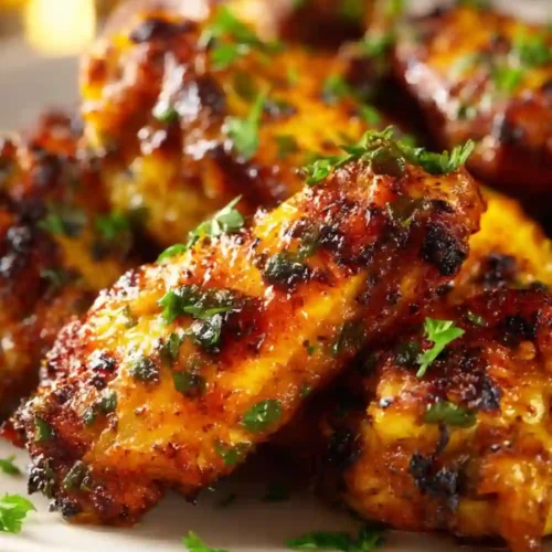 Close-up shot of several golden-brown, visibly crispy chicken wings, cooked in an Air Fryer, seasoned with a dry rub and served on a white plate. The skin has a perfect crunchy texture.