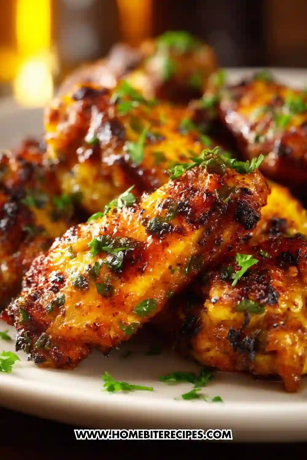 Close-up shot of several golden-brown, visibly crispy chicken wings, cooked in an Air Fryer, seasoned with a dry rub and served on a white plate. The skin has a perfect crunchy texture.