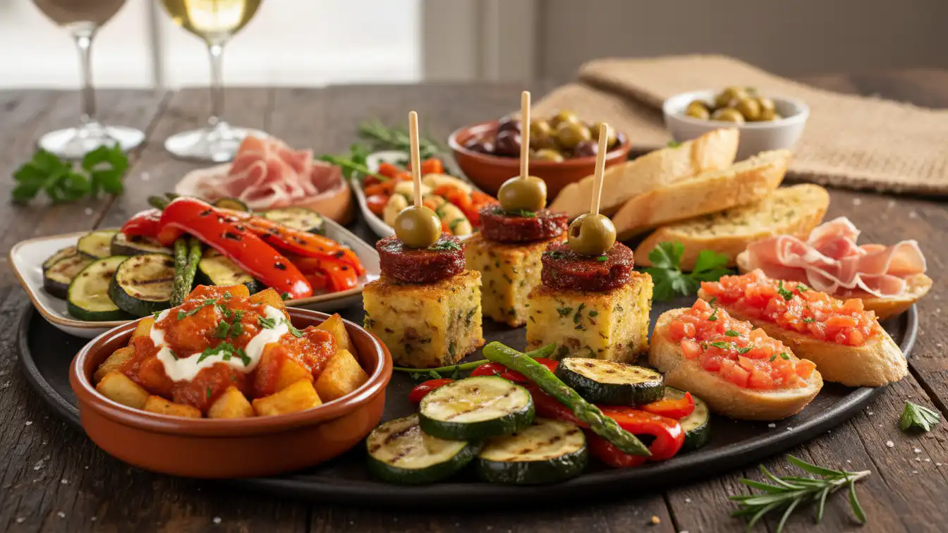 Mini Spanish tortilla bites topped with slices of spicy chorizo and green olives on skewers, garnished with herbs, Served as part of a vibrant Spanish-inspired platter with dishes like patatas bravas, grilled vegetables, and pan con tomate