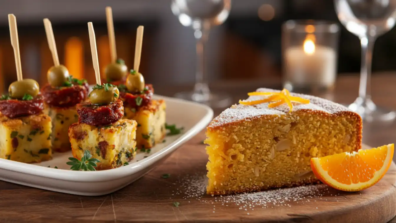 Mini Spanish tortilla bites topped with slices of spicy chorizo and green olives on skewers, garnished with herbs — a bite-sized Spanish tapas appetizer served with orange almond cake