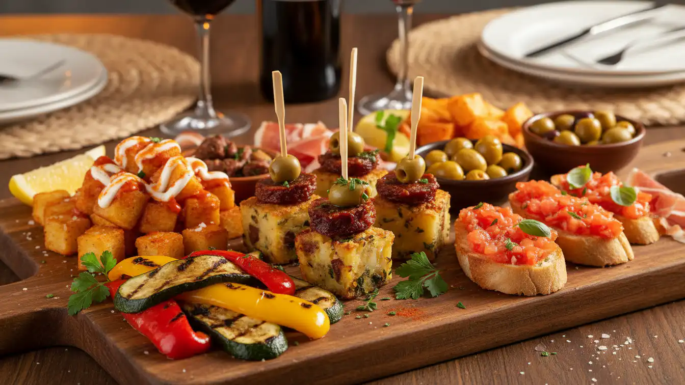 Mini Spanish tortilla bites topped with slices of spicy chorizo and green olives on skewers, garnished with herbs, Served as part of a vibrant Spanish-inspired platter with dishes like patatas bravas, grilled vegetables, and pan con tomate 