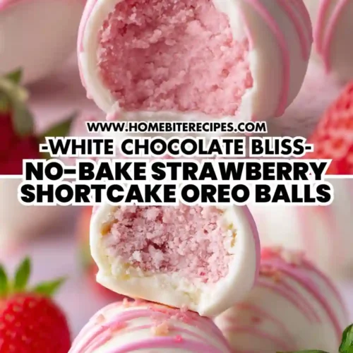 Close-up of pink and white no-bake strawberry shortcake Oreo balls coated in white chocolate with pink drizzle, perfect bite-sized dessert.