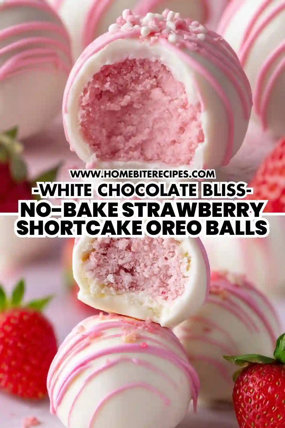 Close-up of pink and white no-bake strawberry shortcake Oreo balls coated in white chocolate with pink drizzle, perfect bite-sized dessert.