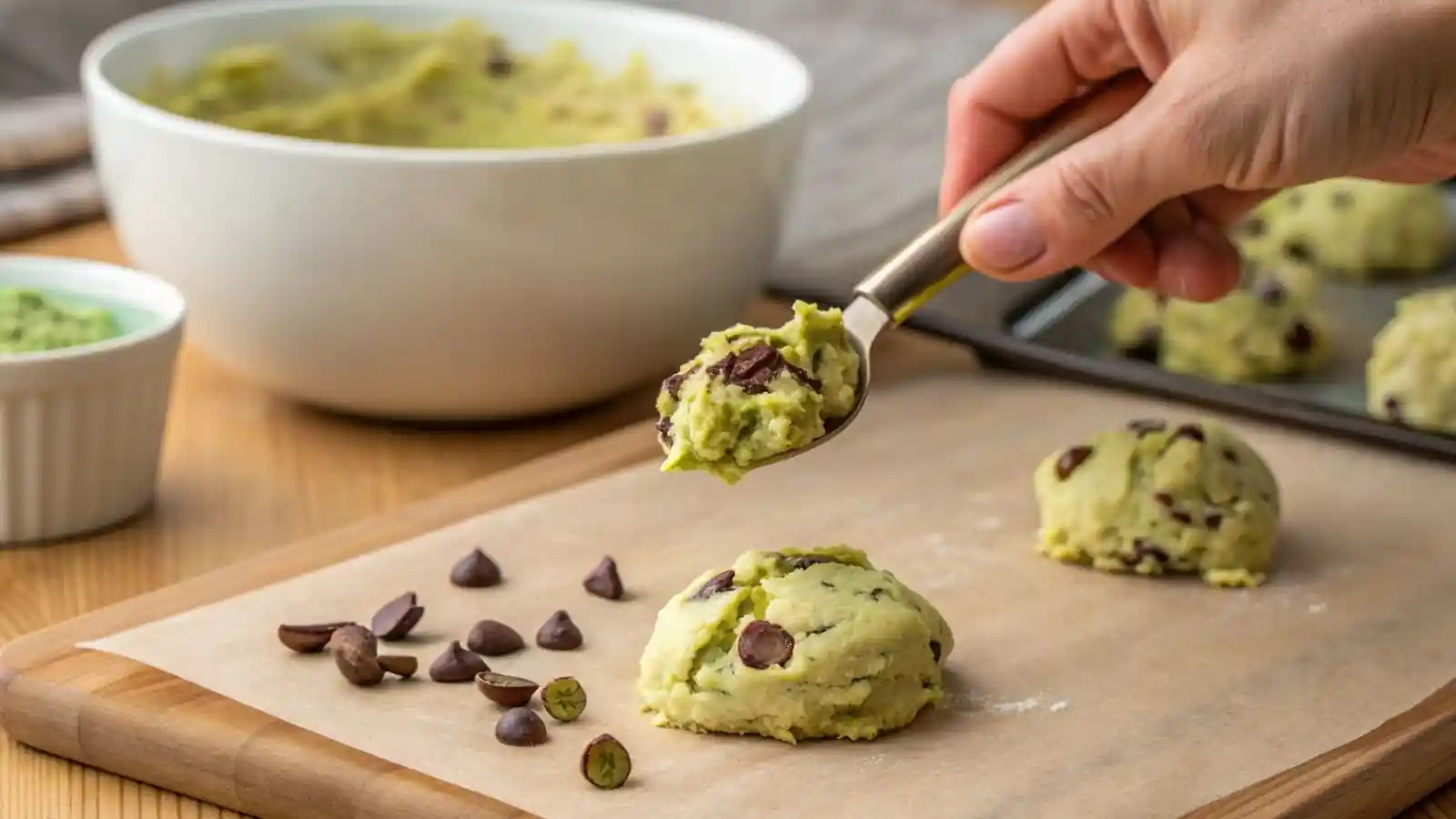 a hand taking a scoop of cookie dough (about 2 tablespoons), pressing it flat in the palm, and placing a frozen pistachio filling drop in the center.