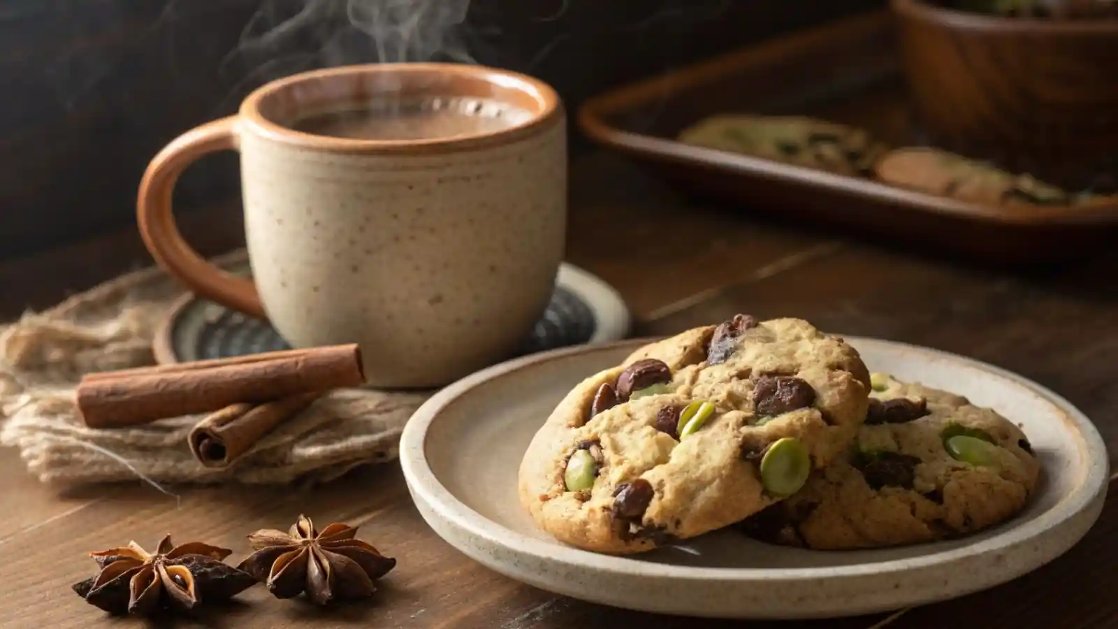 a gooey pistachio-filled chocolate chip cookie on a small ceramic plate, served beside a steaming cup of spiced chai in a rustic mug.