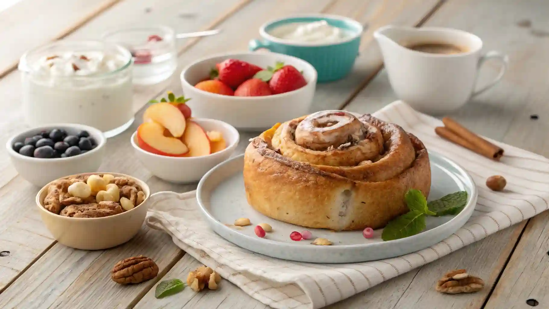 A warm, gooey apple cinnamon roll on a breakfast table, surrounded by small yogurt cups, fresh sliced fruit, mixed nuts, and assorted spreads in small bowls.