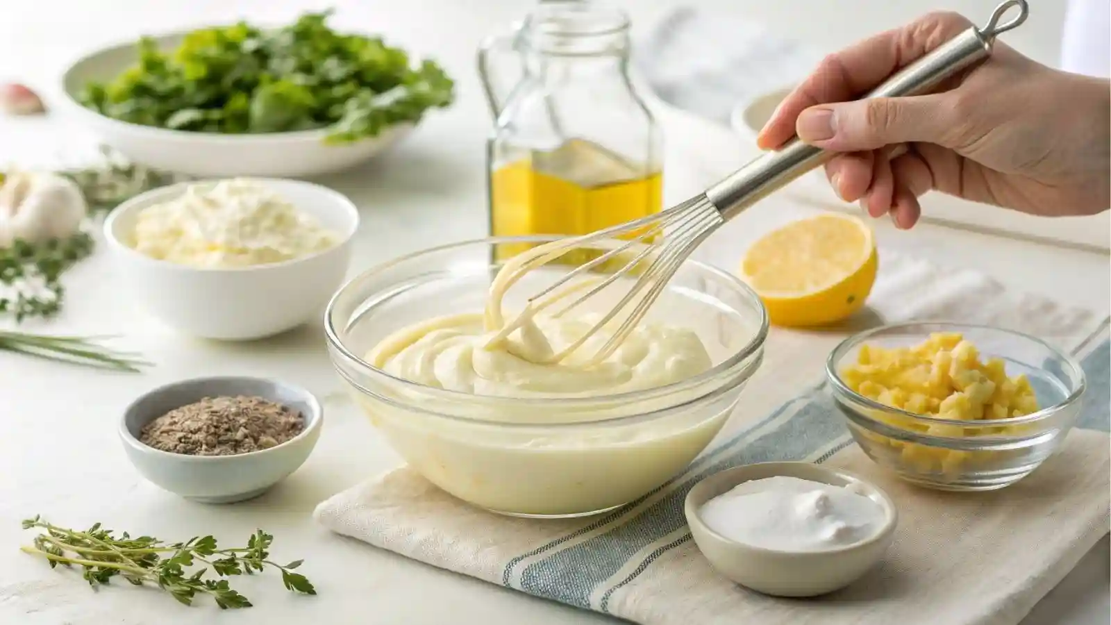 A hand whisking a creamy dressing in a glass bowl, surrounded by fresh herbs, lemon, spices, and small bowls of ingredients on a bright kitchen counter.