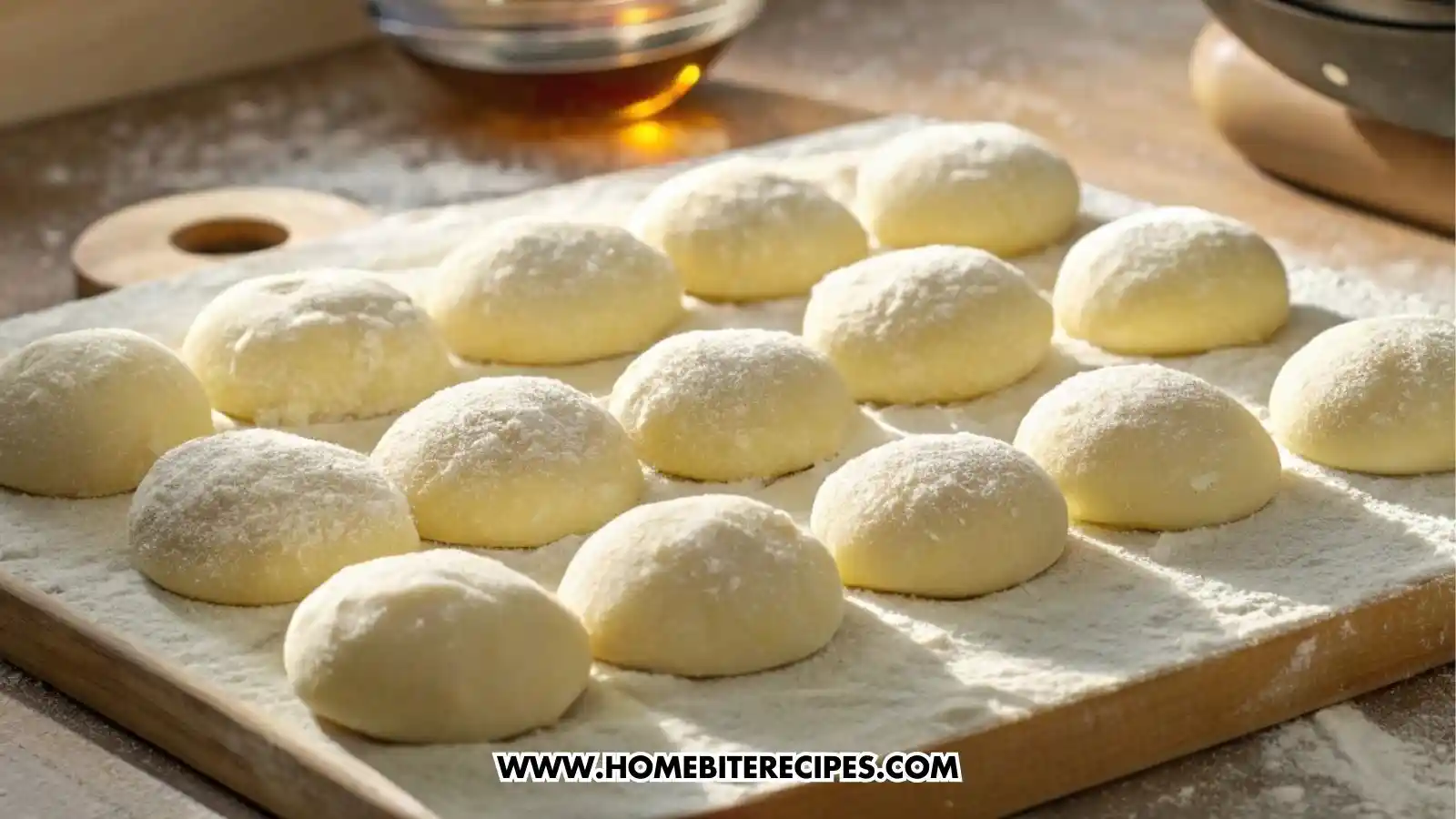 Risen donut dough cut into several full circles, visibly puffed and airy after resting, arranged on a lightly floured surface