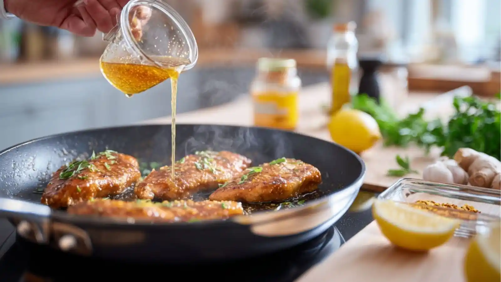 A non-stick skillet on the stove with chicken breasts searing until golden and a hand pouring the glaze mixture into the pan.