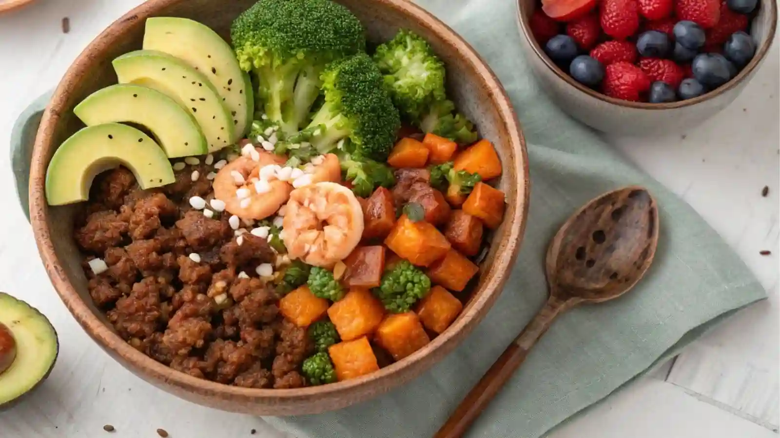 Close-up of a colorful power bowl filled with spicy ground beef, cooked shrimp, roasted sweet potatoes, sliced avocado, feta cheese, and red chili slices in a rustic ceramic dish.