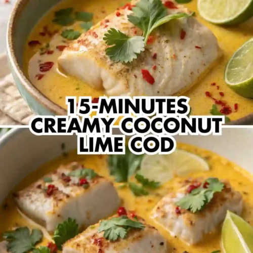 Creamy coconut lime cod fillets simmered in coconut milk sauce, garnished with cilantro, chili flakes, and lime wedges in a ceramic bowl.