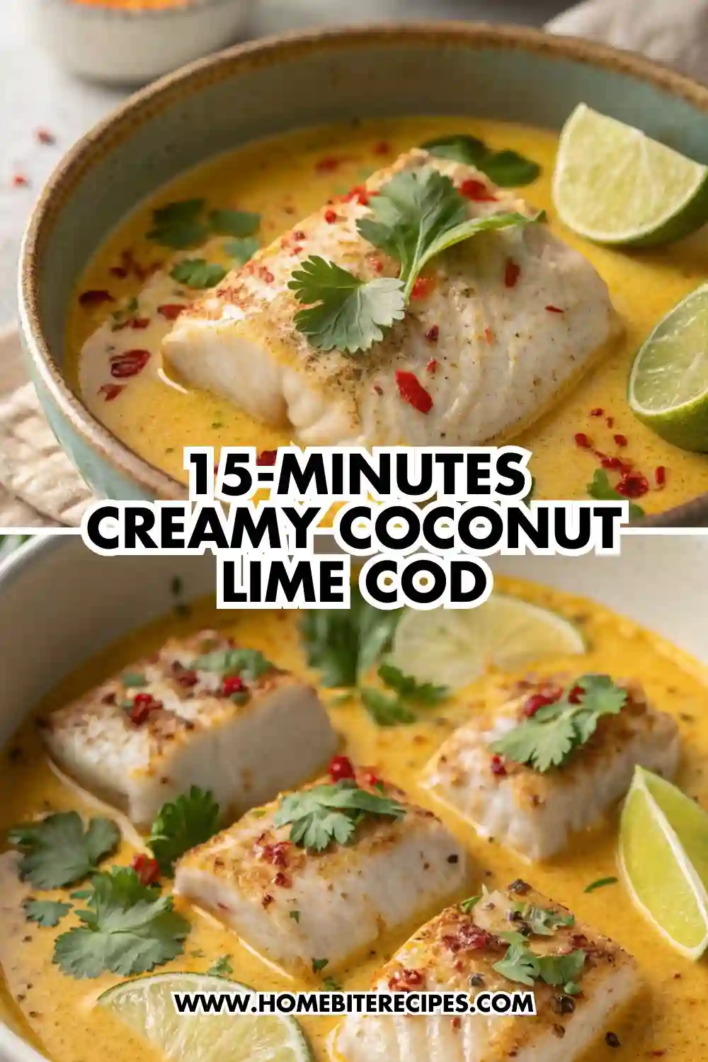 Creamy coconut lime cod fillets simmered in coconut milk sauce, garnished with cilantro, chili flakes, and lime wedges in a ceramic bowl.