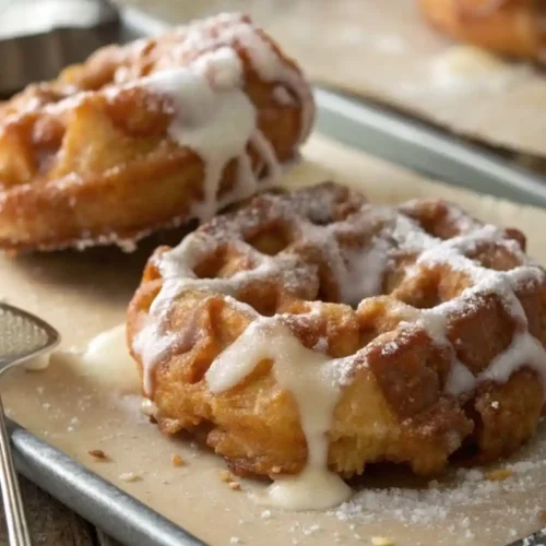 Golden spiced apple waffles topped with powdered sugar and vanilla glaze on a baking tray, served warm for breakfast.