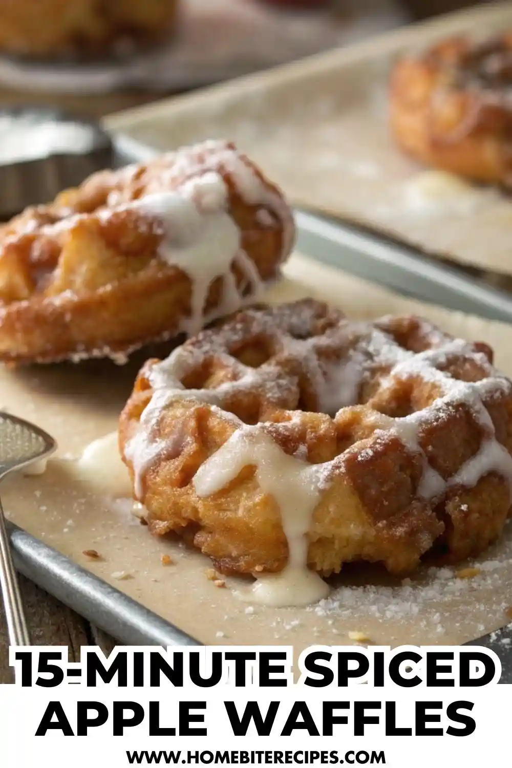Golden spiced apple waffles topped with powdered sugar and vanilla glaze on a baking tray, served warm for breakfast.