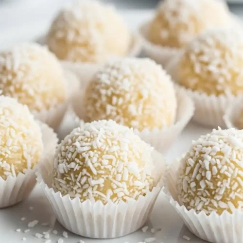 No-bake coconut cookies made with sweetened condensed milk, shaped into white coconut snowball cookies and served in paper liners on a plate.