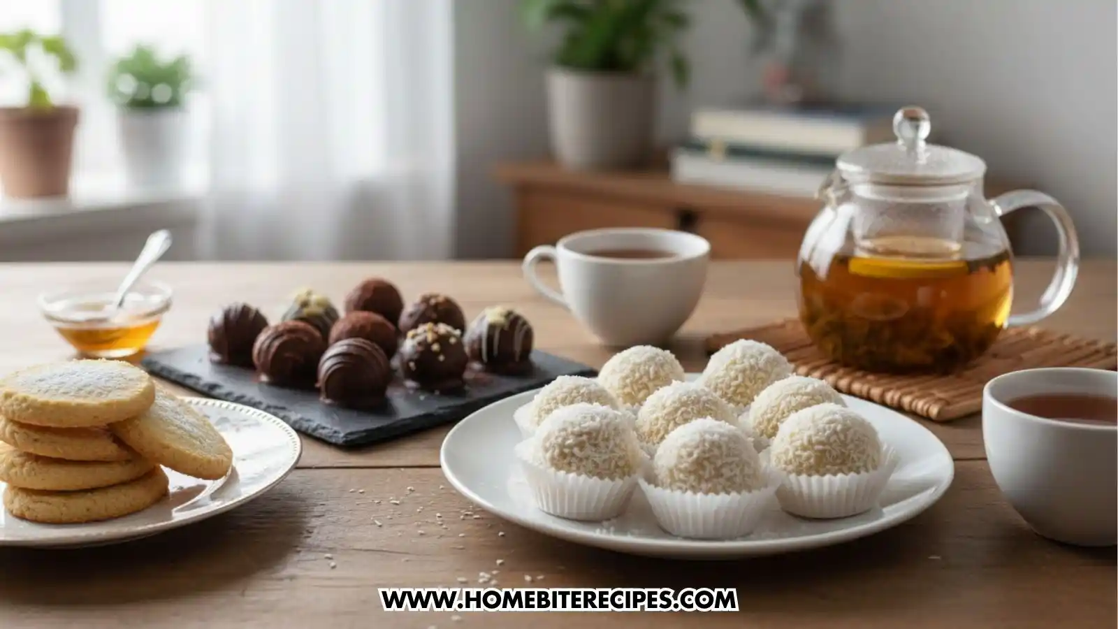 No Bake Coconut Balls made with sweetened condensed milk, shaped into white coconut snowball cookies and served serve alongside chocolate truffles, shortbread cookies and with herbal tea