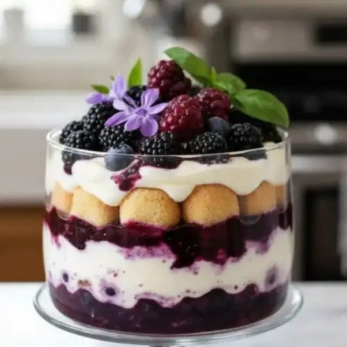 A layered Berry Tiramisu Trifle in a glass bowl featuring ladyfingers, creamy mascarpone, and mixed berry compote topped with fresh blackberries and raspberries.