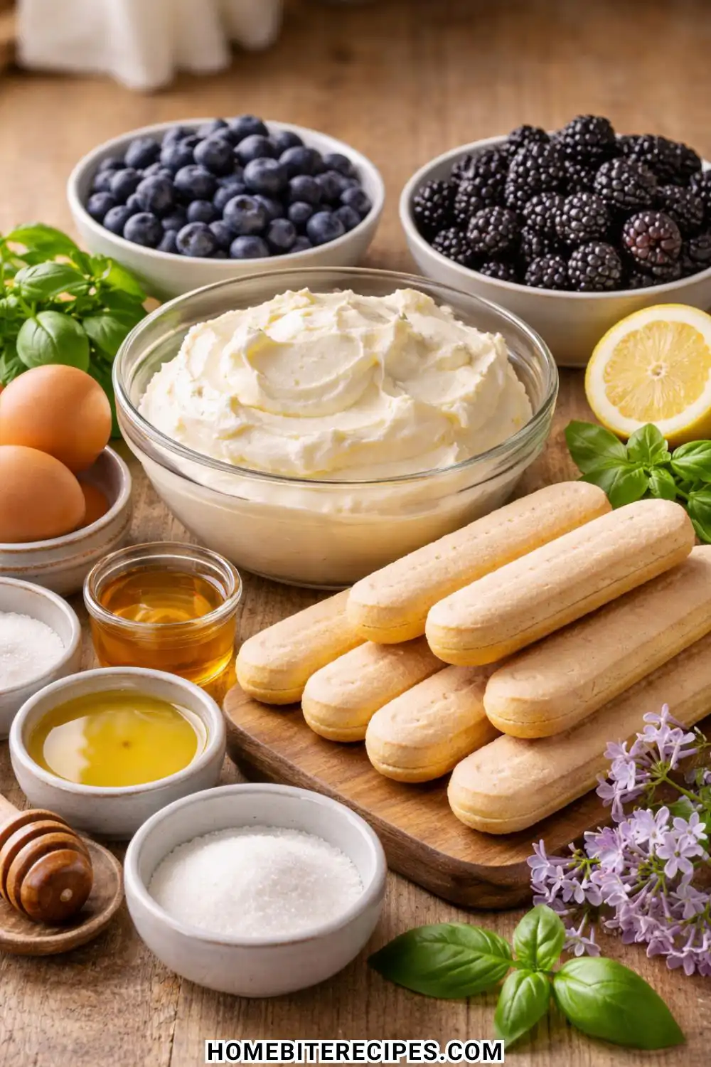 A flat-lay arrangement of fresh blueberries, blackberries, ladyfingers, and mascarpone cream—essential ingredients to make a Berry Tiramisu Trifle.