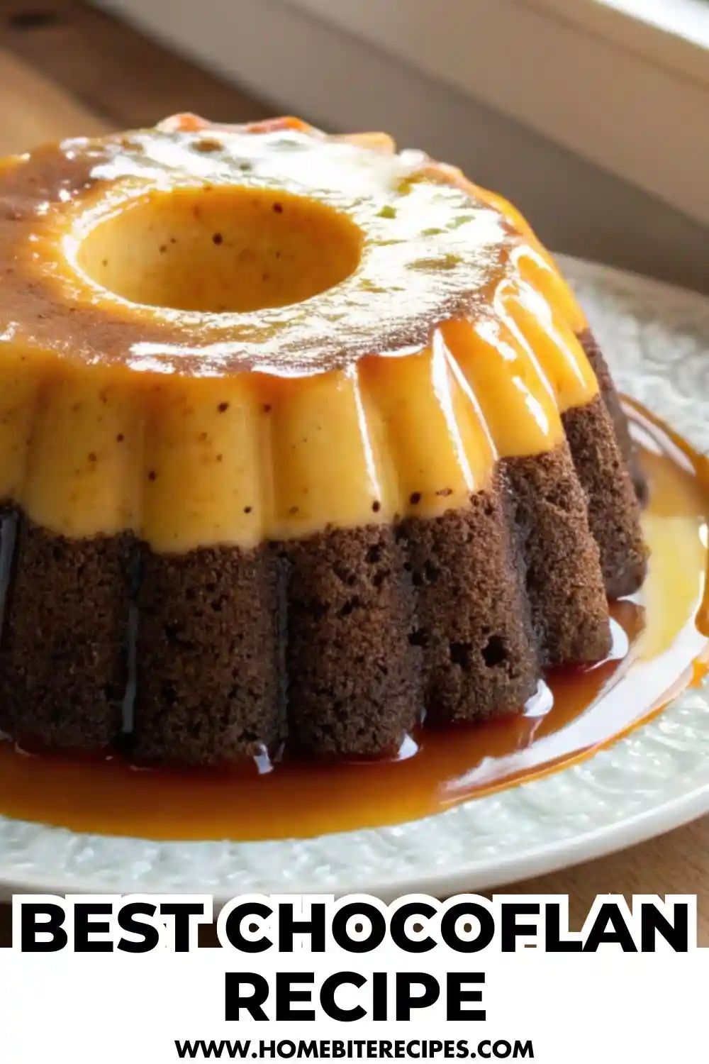 A beautiful two-toned Chocoflan bundt cake on a white plate, featuring a dark chocolate cake bottom and a golden-yellow creamy flan top, drizzled with amber caramel sauce.