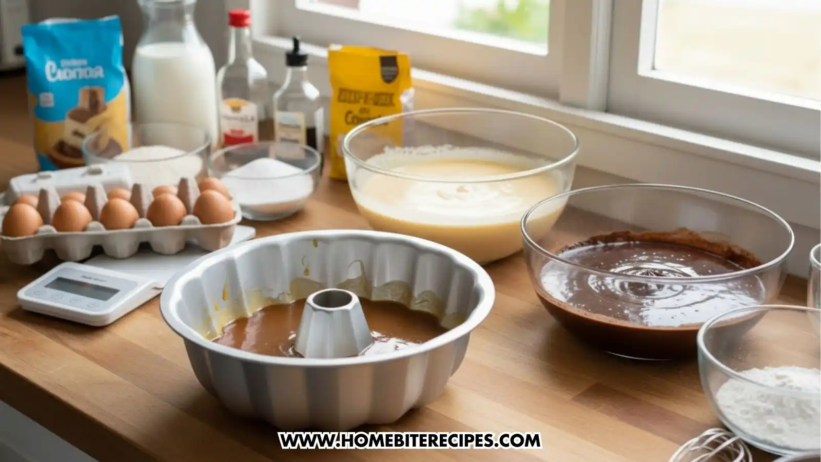 A beautiful two-toned Chocoflan bundt cake on a white plate, featuring a dark chocolate cake bottom and a golden-yellow creamy flan top, drizzled with amber caramel sauce.