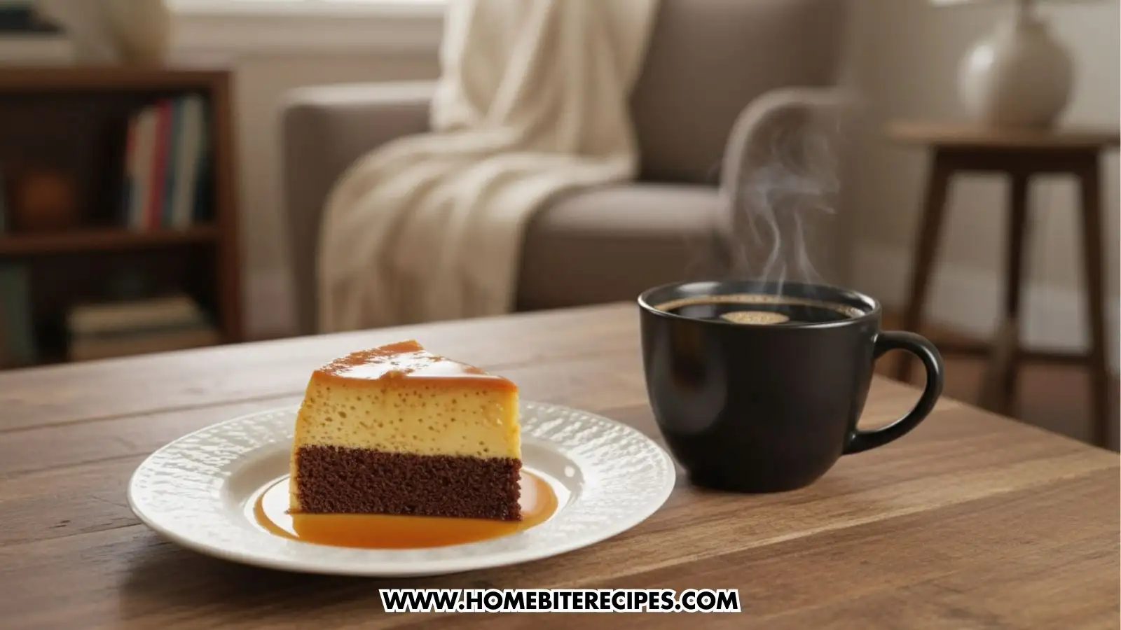 A beautiful two-toned Ultimate Chocoflan on a white plate, featuring a dark chocolate cake bottom and a golden-yellow creamy flan top, drizzled with amber caramel sauce.