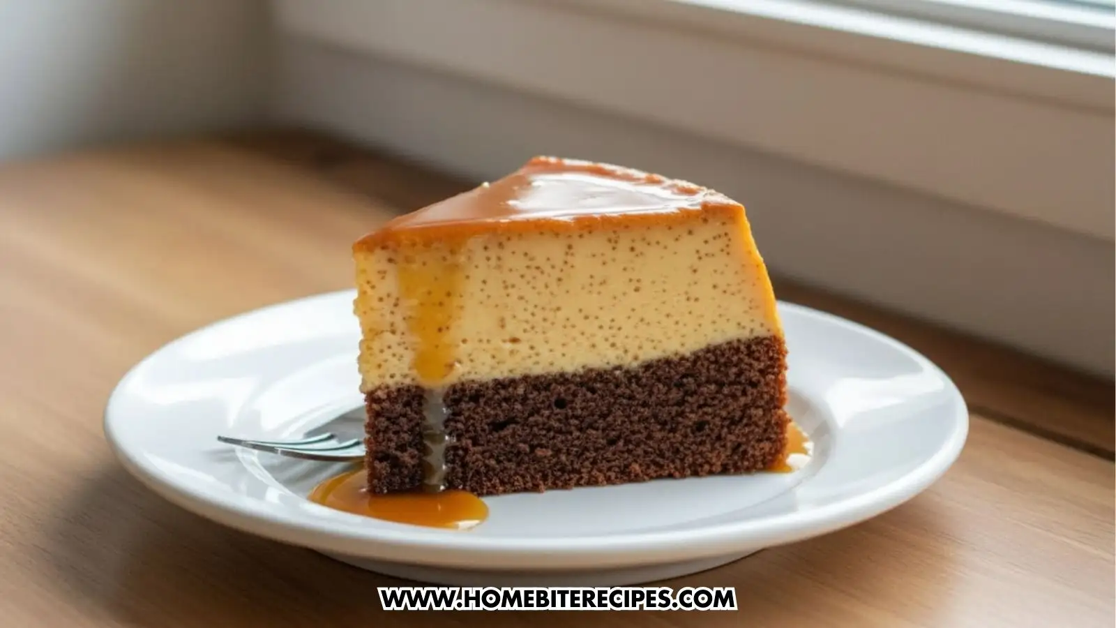 A beautiful two-toned Chocoflan bundt cake on a white plate, featuring a dark chocolate cake bottom and a golden-yellow creamy flan top, drizzled with amber caramel sauce.