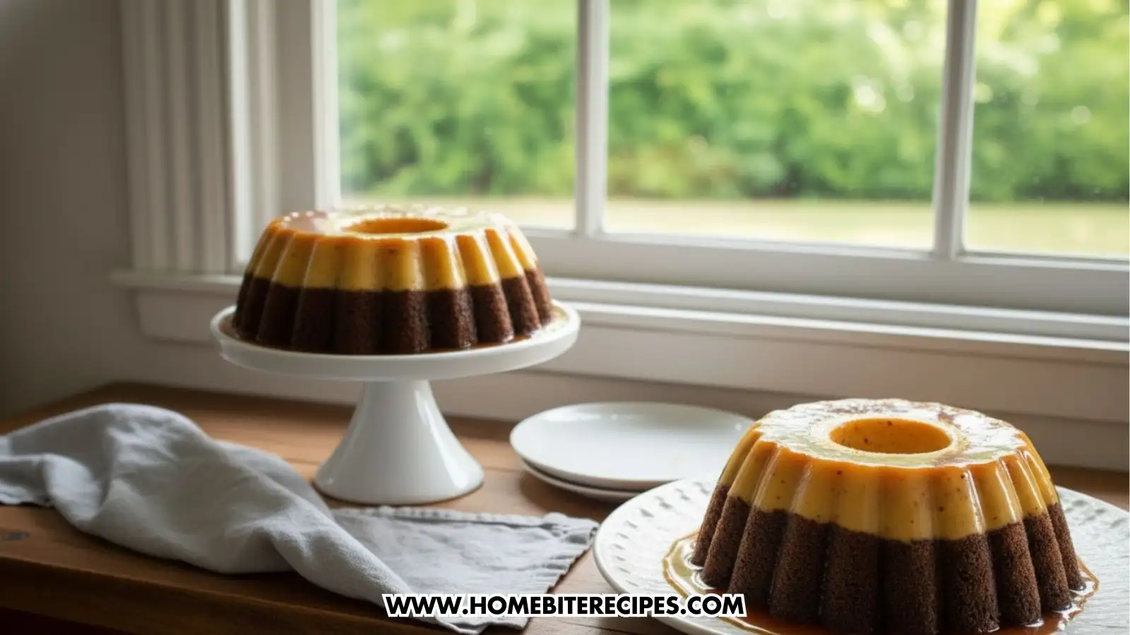 A beautiful two-toned Chocoflan bundt cake on a white plate, featuring a dark chocolate cake bottom and a golden-yellow creamy flan top, drizzled with amber caramel sauce.